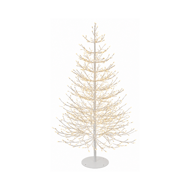 Albero luminoso bianco con numerose luci calde e base circolare