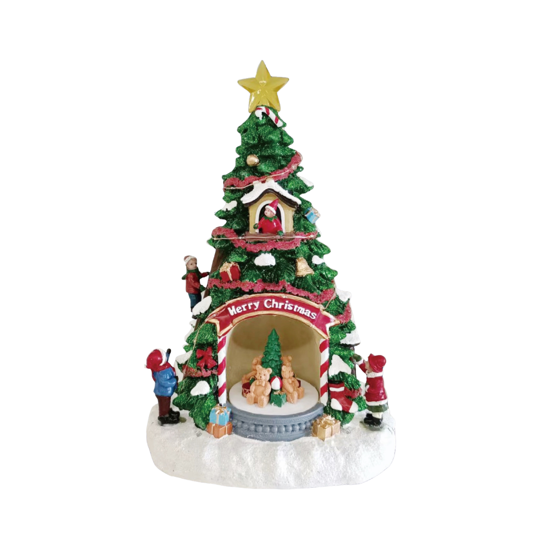 Albero di Natale decorativo innevato con stella, personaggi, regali e scena natalizia con orsetti alla base