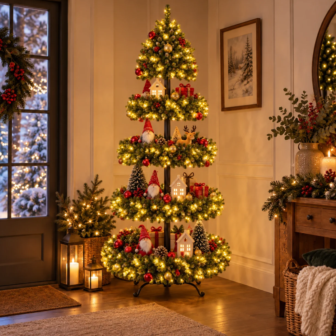 Albero di Natale Garden Team a cinque livelli con luci LED bianco caldo, decorato con casette, gnomi e regali in un ambiente natalizio.