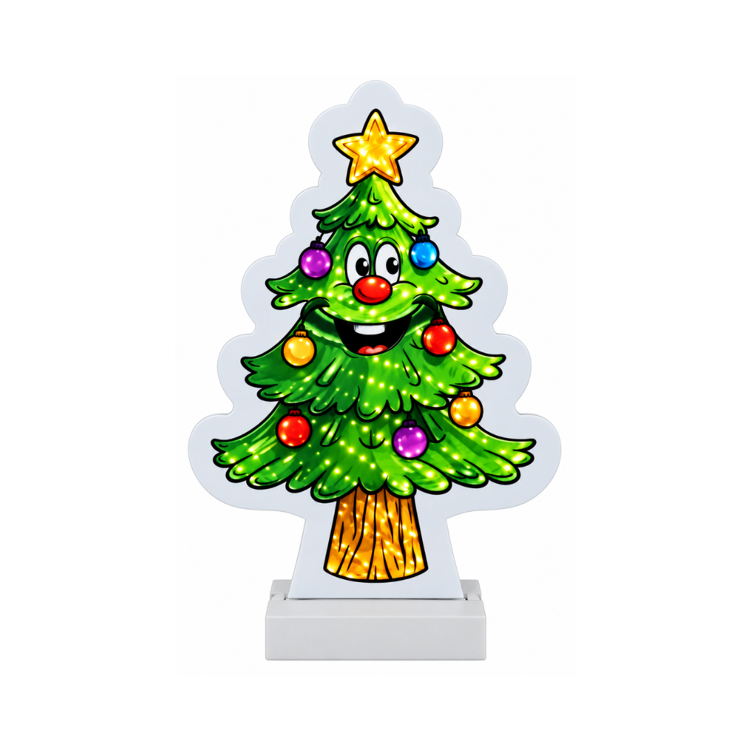Decorazione luminosa a forma di albero di Natale sorridente, con stella e palline colorate