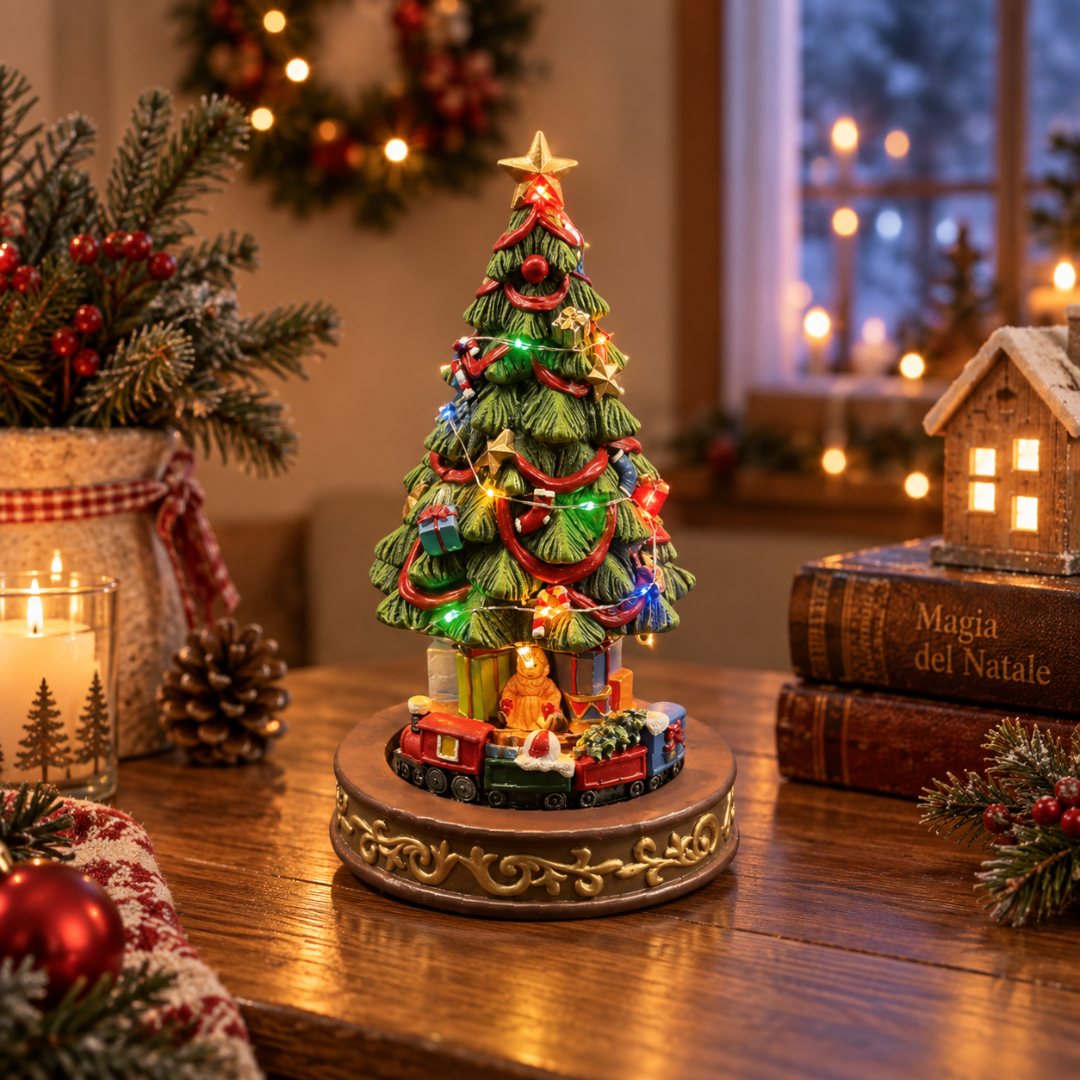 Albero di Natale decorativo illuminato con stella, festoni, pacchi regalo e trenino alla base, ambientato con decorazioni natalizie