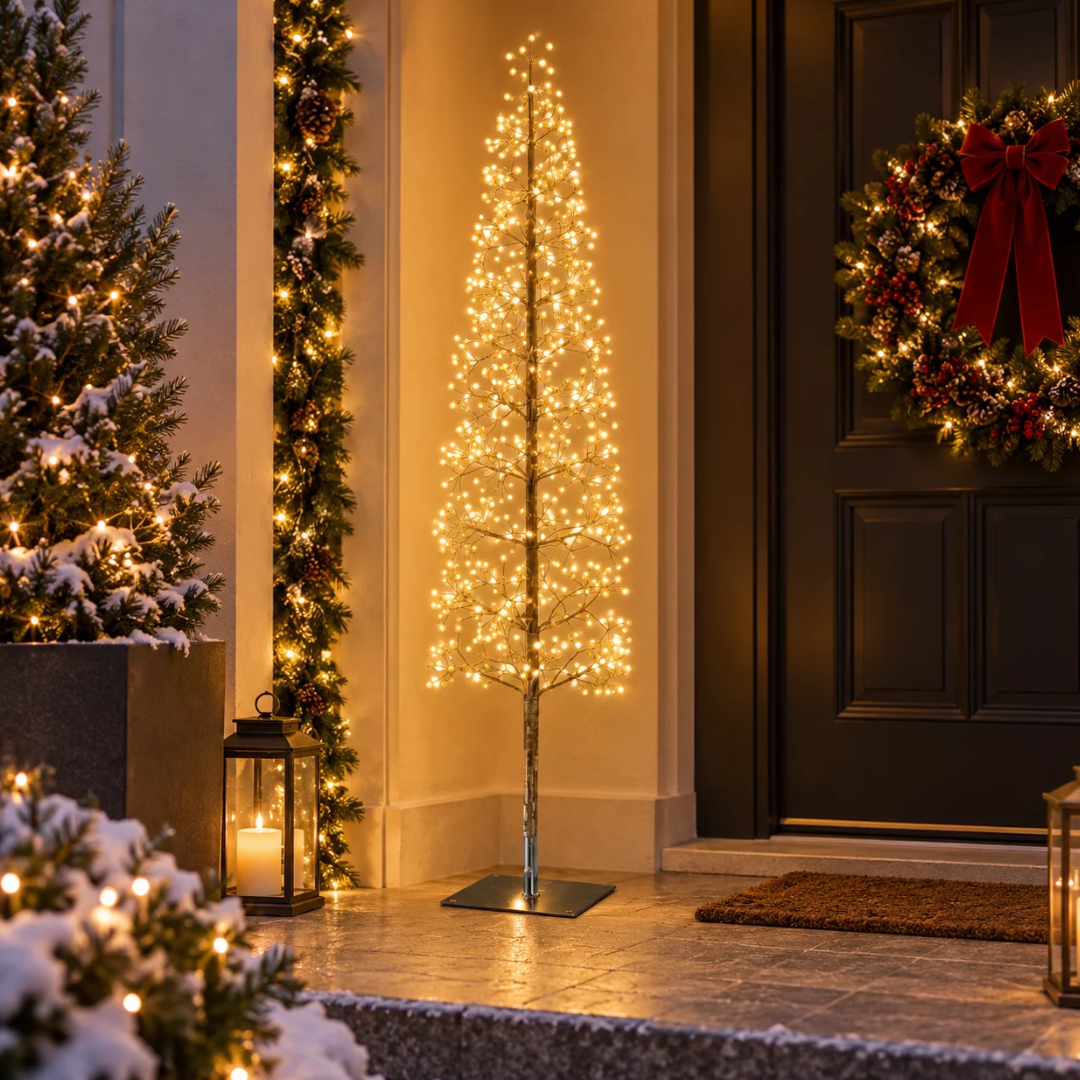 Albero luminoso natalizio da 150 cm con LED bianco caldo e flash, collocato all'ingresso di casa tra decorazioni natalizie