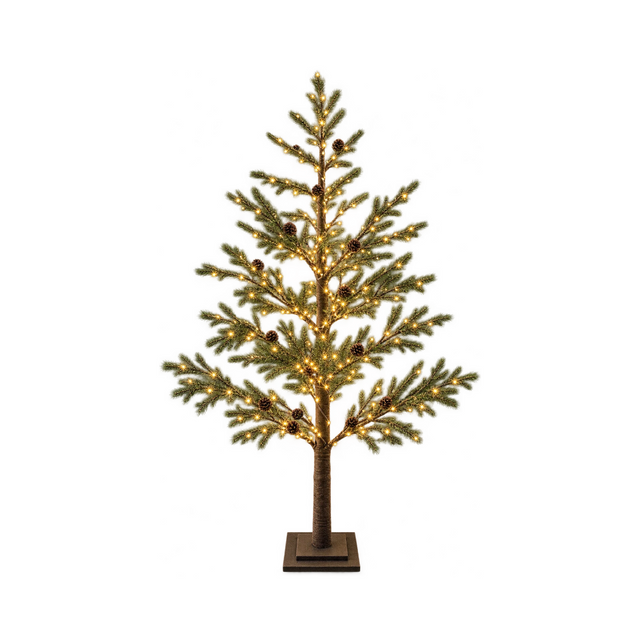 Albero luminoso verde Garden Team con pigne decorative, rami effetto naturale, LED bianco caldo e base quadrata