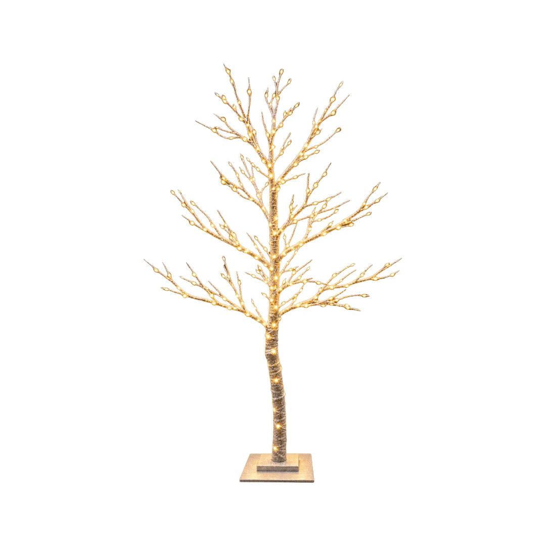 Albero spoglio innevato Garden Team da 120 cm con rami ramificati, luci LED bianco caldo e base quadrata