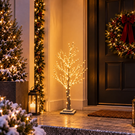 Albero spoglio innevato da 90 cm con LED bianco caldo, posizionato all'ingresso di casa tra decorazioni natalizie
