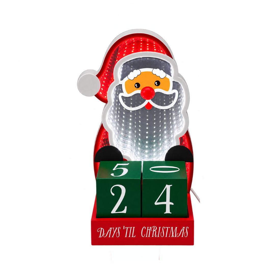 Decorazione luminosa Infinity con Babbo Natale e cubi numerati per il conto alla rovescia dei giorni fino a Natale