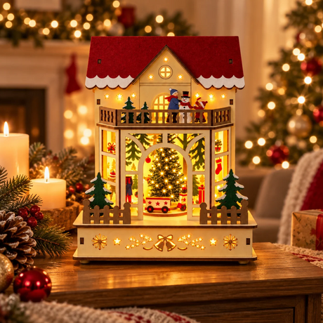 Casetta natalizia in legno illuminata con albero e trenino, ambientata su un mobile tra candele e decorazioni di Natale