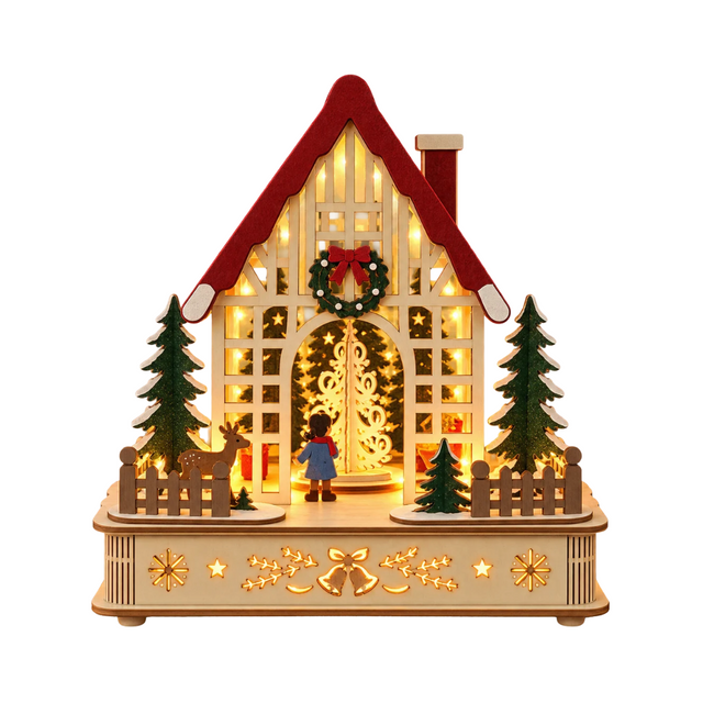 Casetta natalizia luminosa Garden Team in legno con tetto rosso, ghirlanda, abeti, renna e albero di Natale illuminato