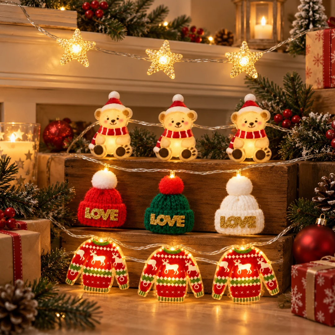 Catene luminose natalizie con stelle, orsetti, cappellini e maglioncini a luce calda ambientate tra decorazioni di Natale