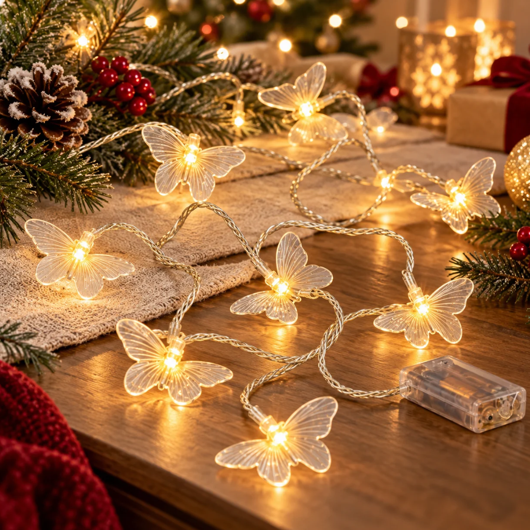 Catena luminosa Garden Team con farfalle trasparenti illuminate a LED bianco caldo, disposta su un tavolo con decorazioni natalizie.