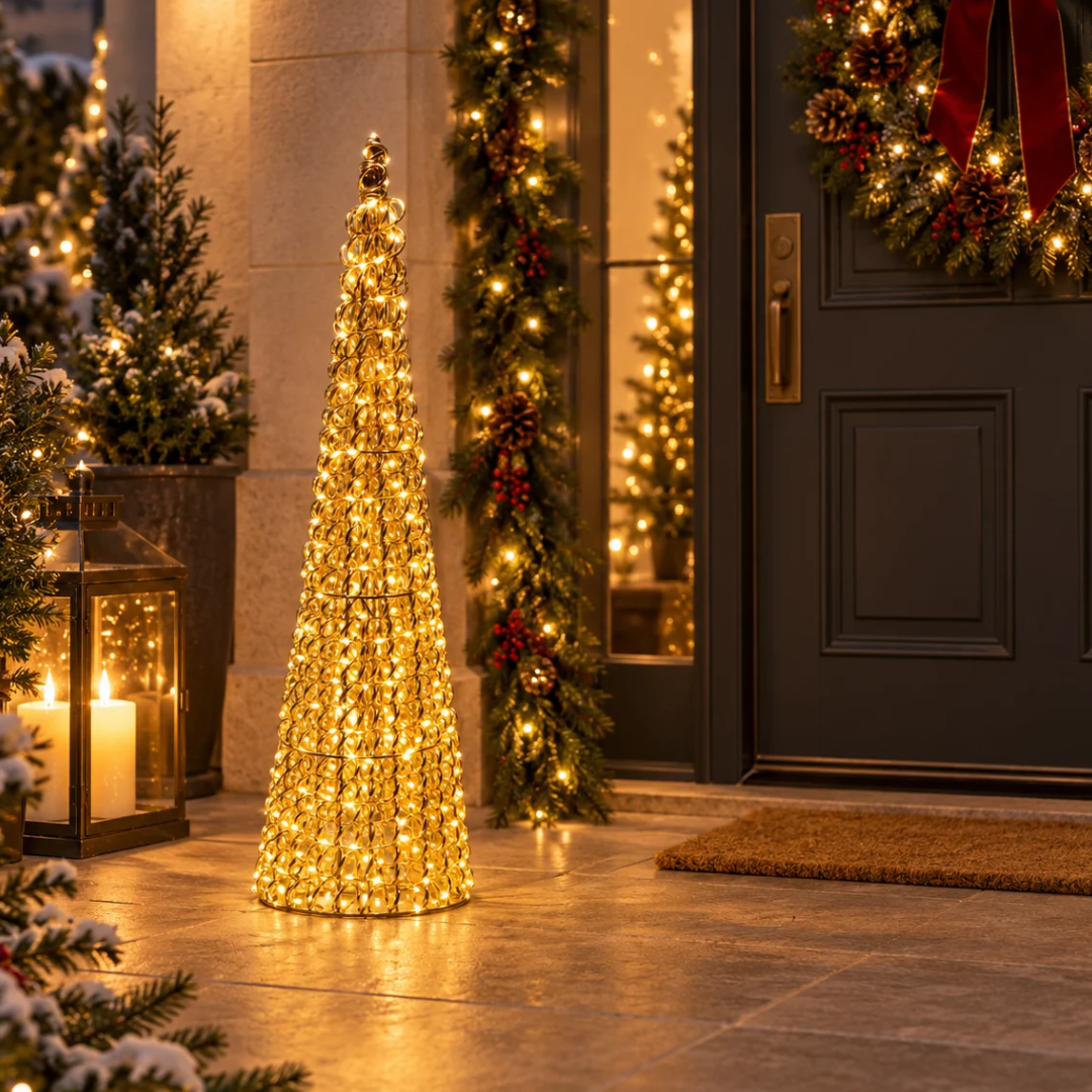 Cono natalizio riccio oro H100 cm illuminato con micro LED, ambientato all’ingresso