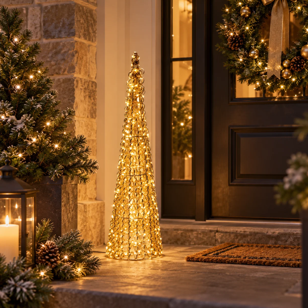 Cono natalizio riccio oro H80 cm illuminato con micro LED, ambientato all’ingresso