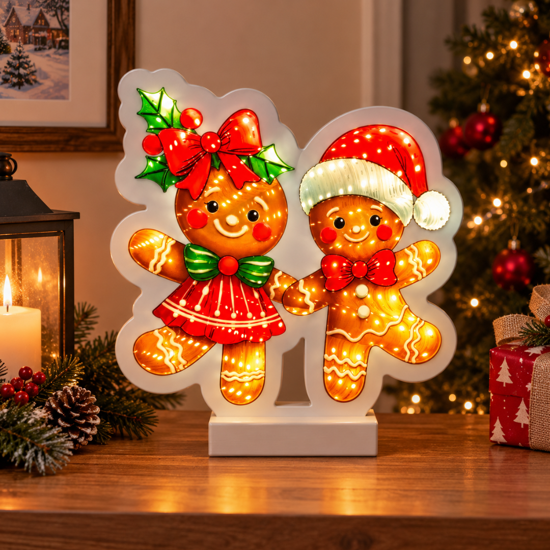 Coppia di omini di pan di zenzero illuminati, ambientata su un mobile tra albero di Natale, lanterna e decorazioni festive