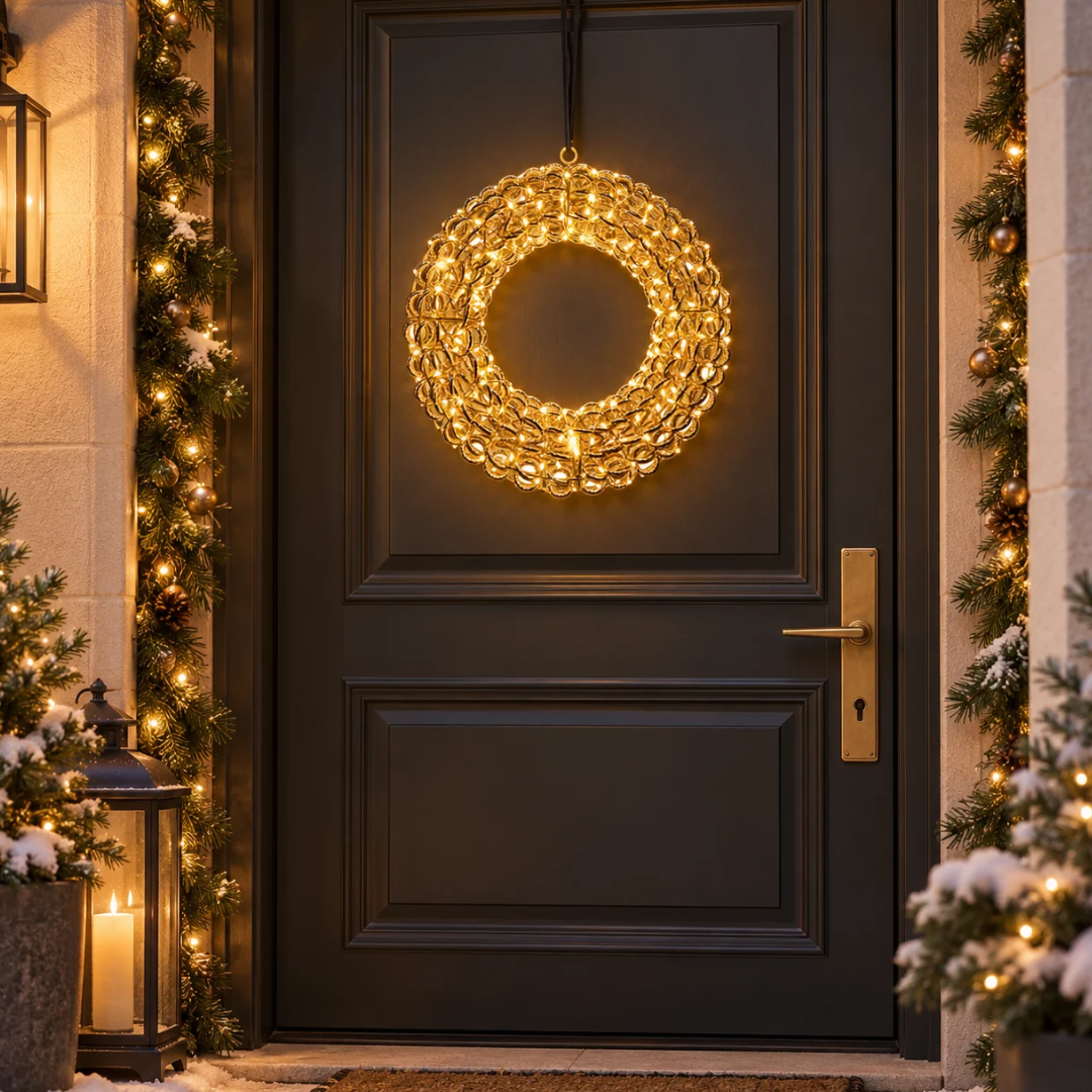 Corona natalizia riccio oro illuminata con micro LED, appesa alla porta d’ingresso