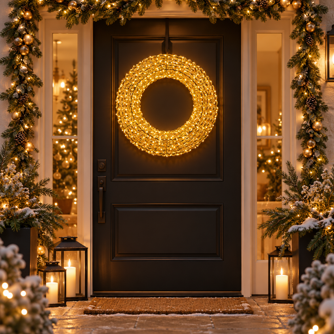 Corona natalizia riccio oro con micro LED, ambientata su porta decorata per Natale