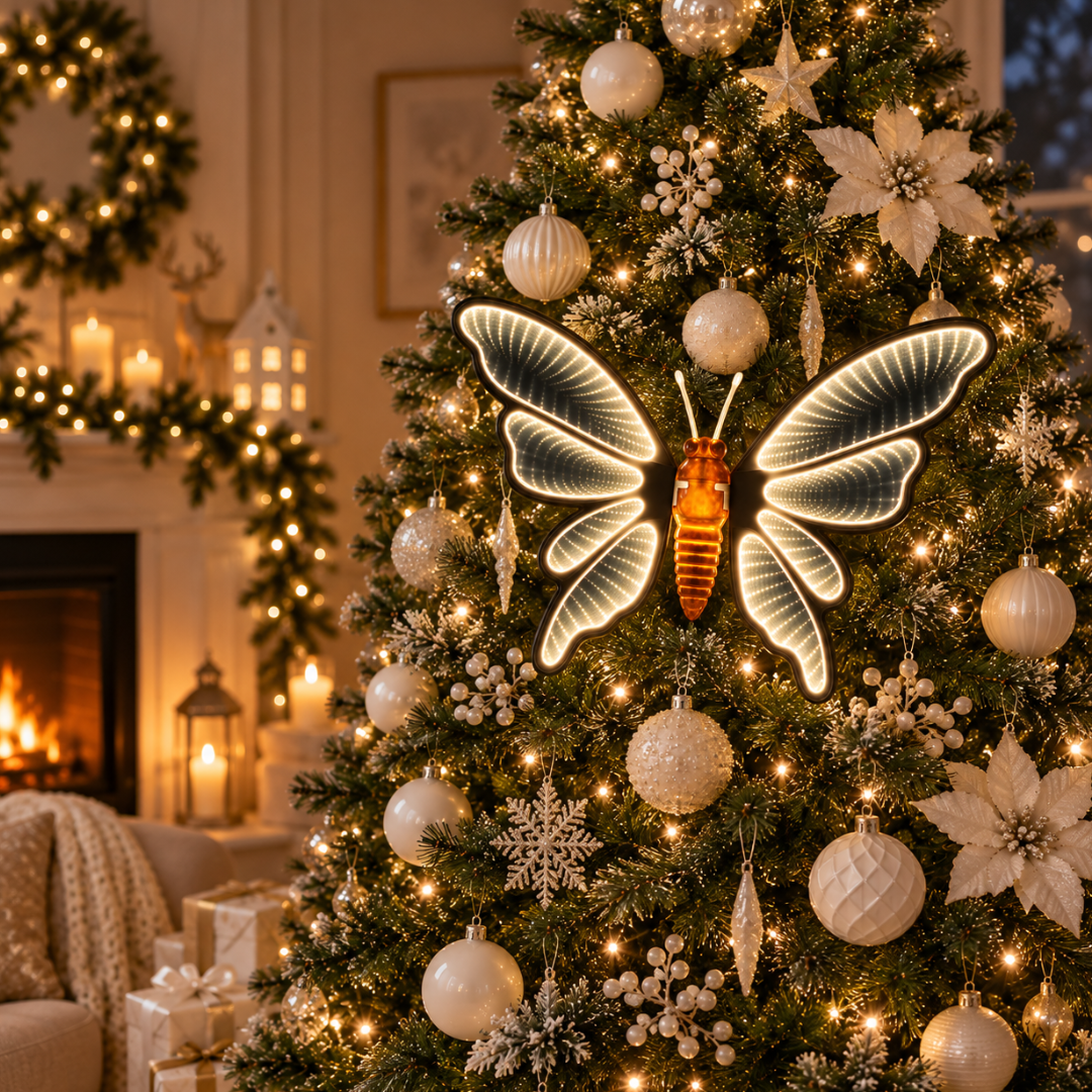 Farfalla Infinity bianca da 66 cm illuminata su albero di Natale decorato con palline bianche, dettagli dorati e luci calde