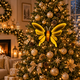 Farfalla Infinity gialla da 66 cm illuminata su albero di Natale decorato con palline e fiocchi dorati e luci calde