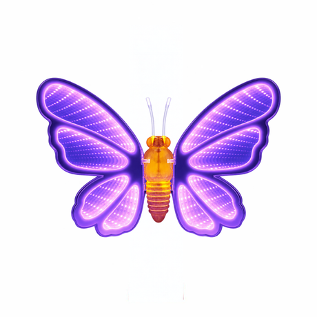 Farfalla decorativa Infinity luminosa con ali illuminate nelle tonalità rosa e viola e corpo centrale color ambra