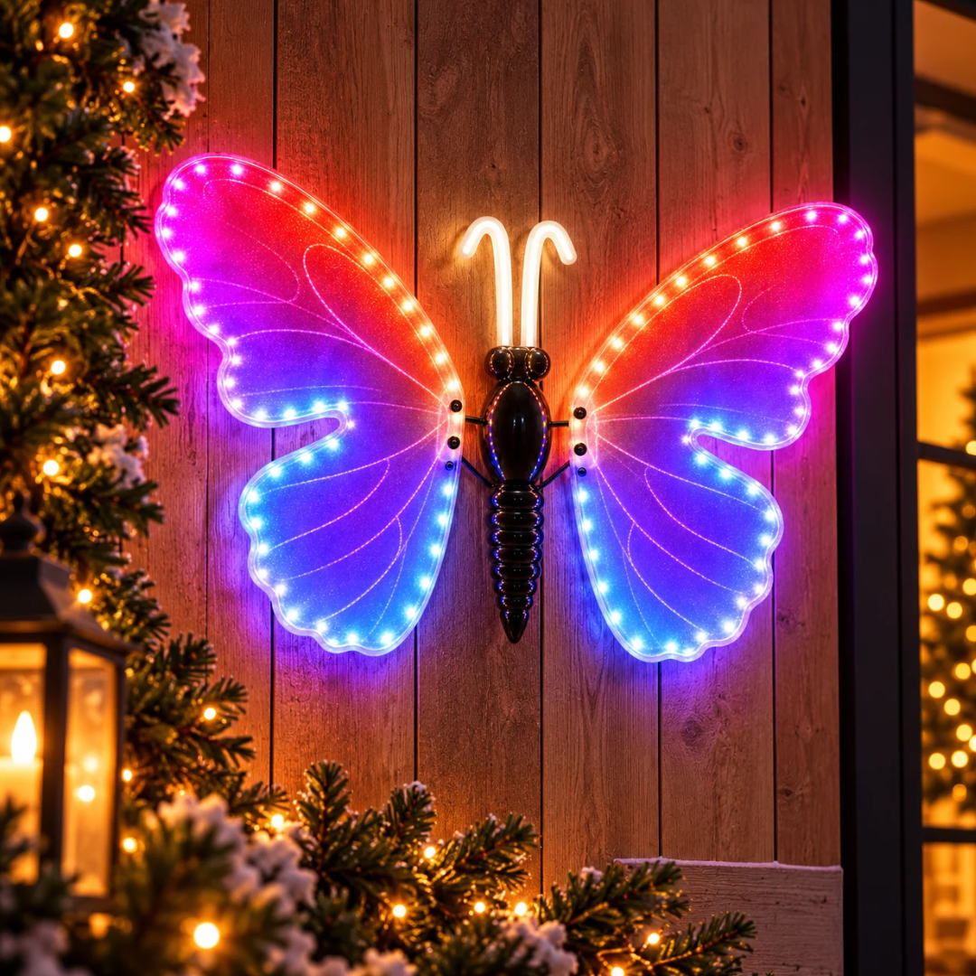 Farfalla LED multicolore 40 cm ambientata su parete in legno