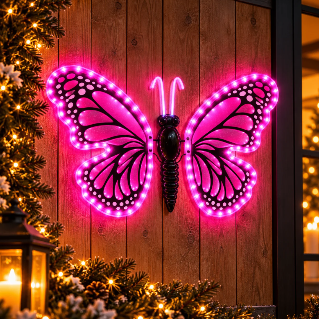 Farfalla LED rosa 40 cm ambientata su parete in legno