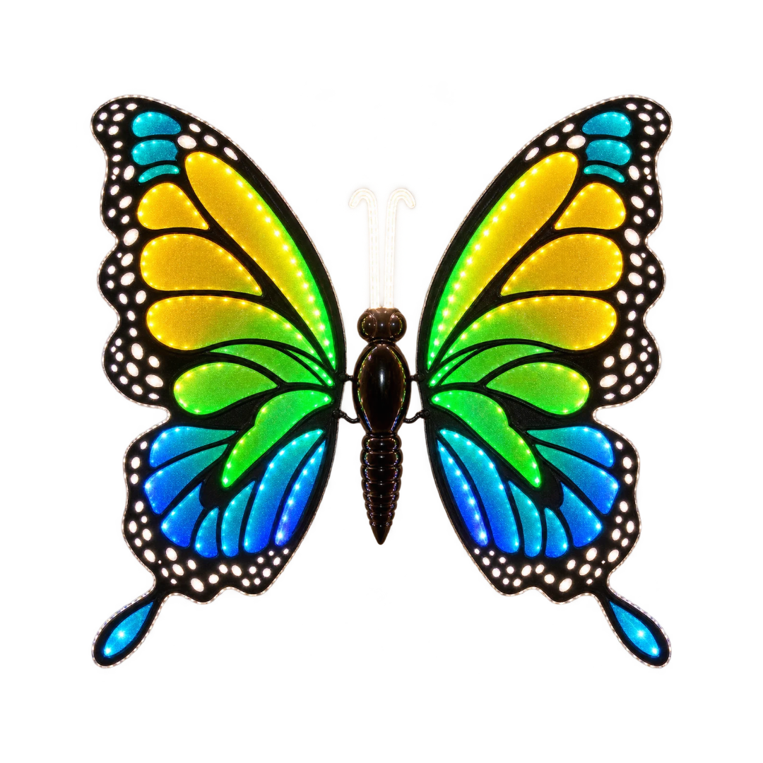 Farfalla decorativa 60 cm con LED gialli, verdi e blu