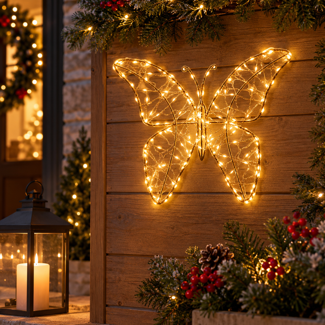 Farfalla luminosa Garden Team da 32 cm con micro LED bianco caldo, appesa a una parete in legno tra decorazioni natalizie.