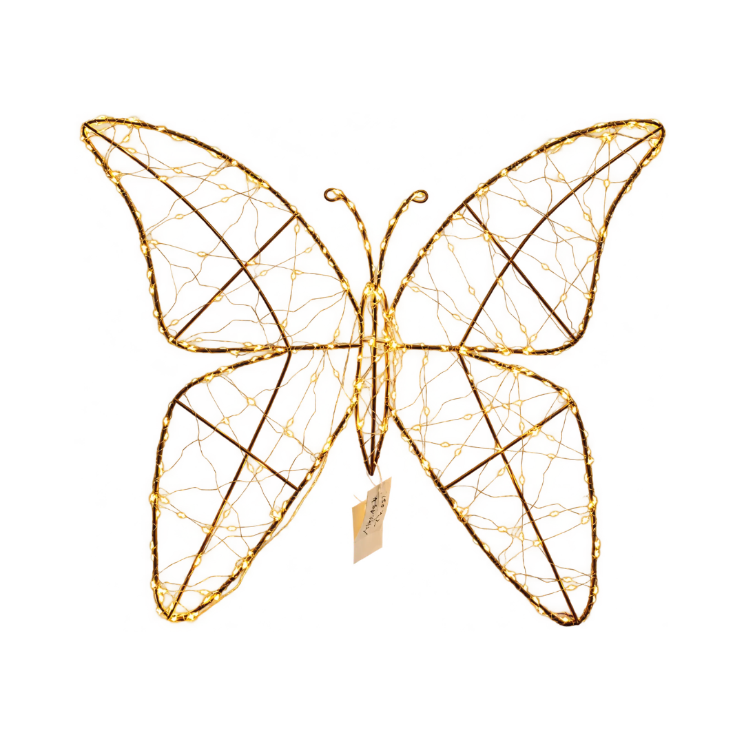 Farfalla natalizia luminosa Garden Team da 48 cm, con quattro ali in metallo dorato e micro LED bianco caldo.