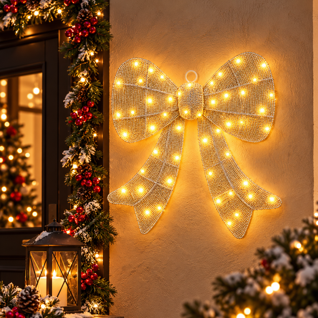 Fiocco natalizio oro da 45 cm con LED bianco caldo appeso alla parete accanto all'ingresso decorato per Natale