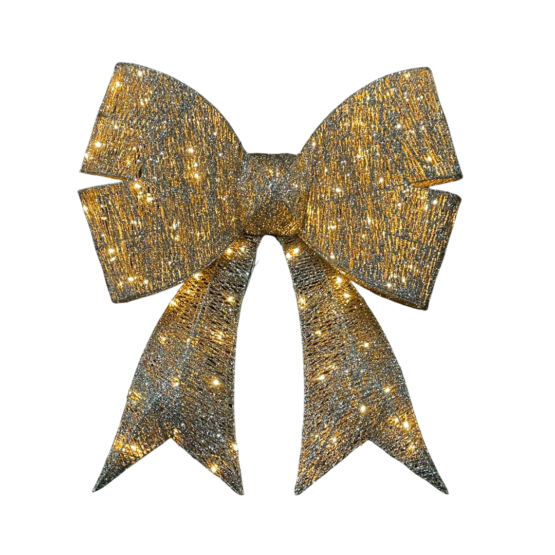 Fiocco natalizio luminoso oro da 87 cm con glitter e luci LED bianco caldo