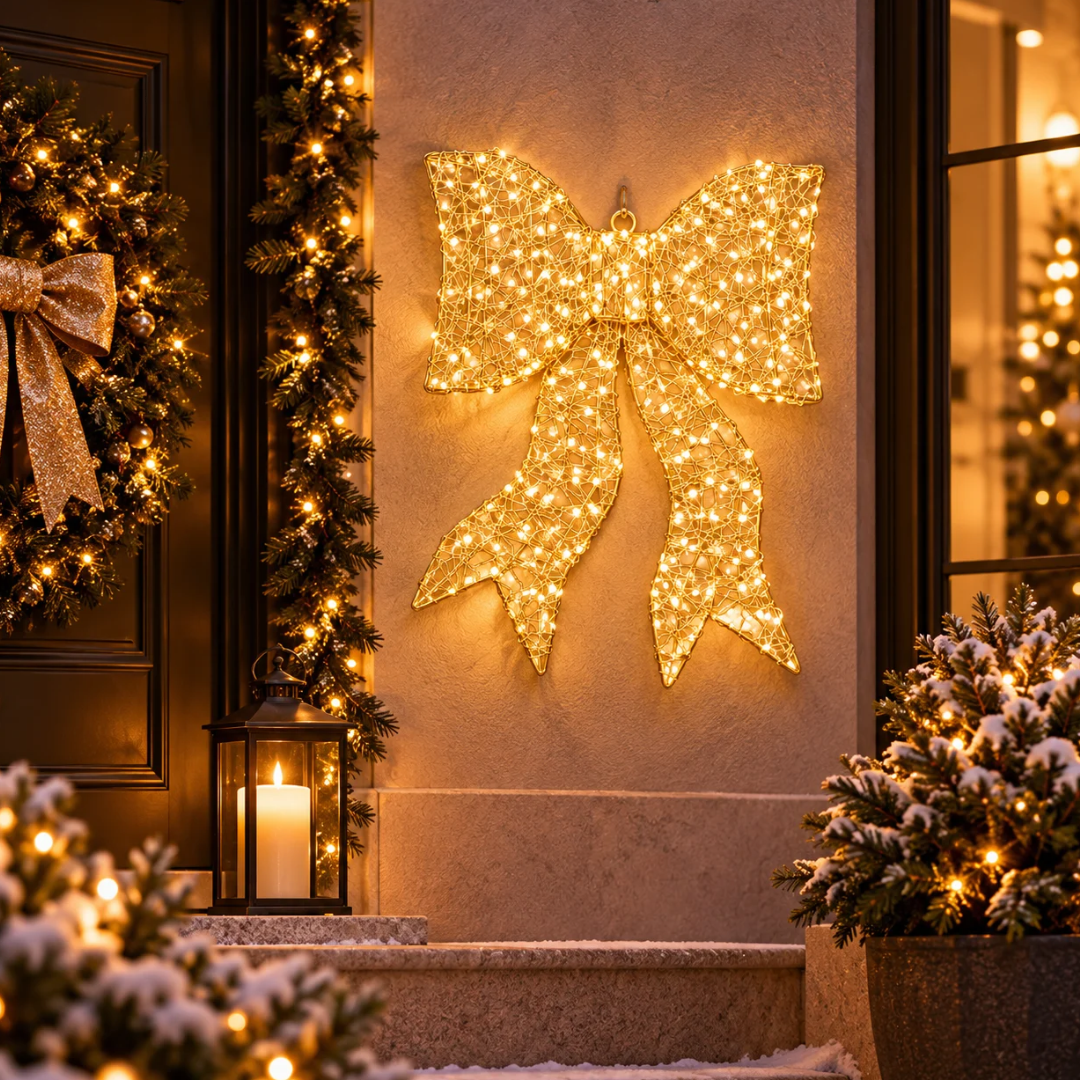 Fiocco luminoso oro 56 cm con micro LED a luce calda ambientato all'esterno