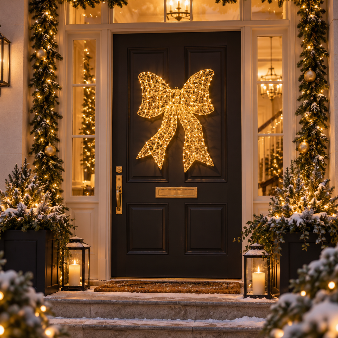 Fiocco luminoso oro 98 cm con micro LED a luce calda sulla porta d'ingresso