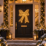 Fiocco luminoso oro 98 cm con micro LED a luce calda sulla porta d'ingresso