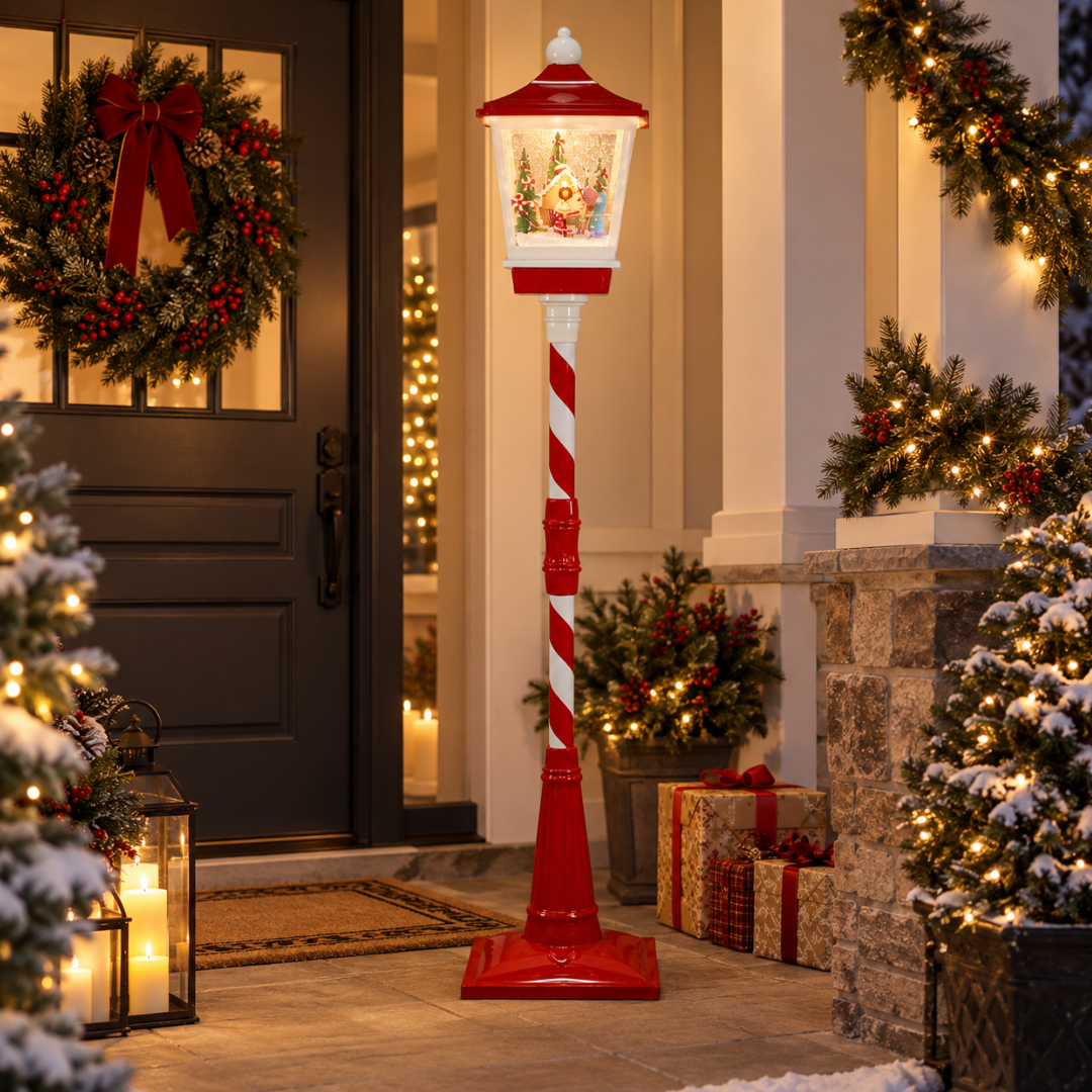 Lampione natalizio rosso e bianco illuminato, ambientato all’ingresso di casa tra ghirlande, luci e decorazioni di Natale