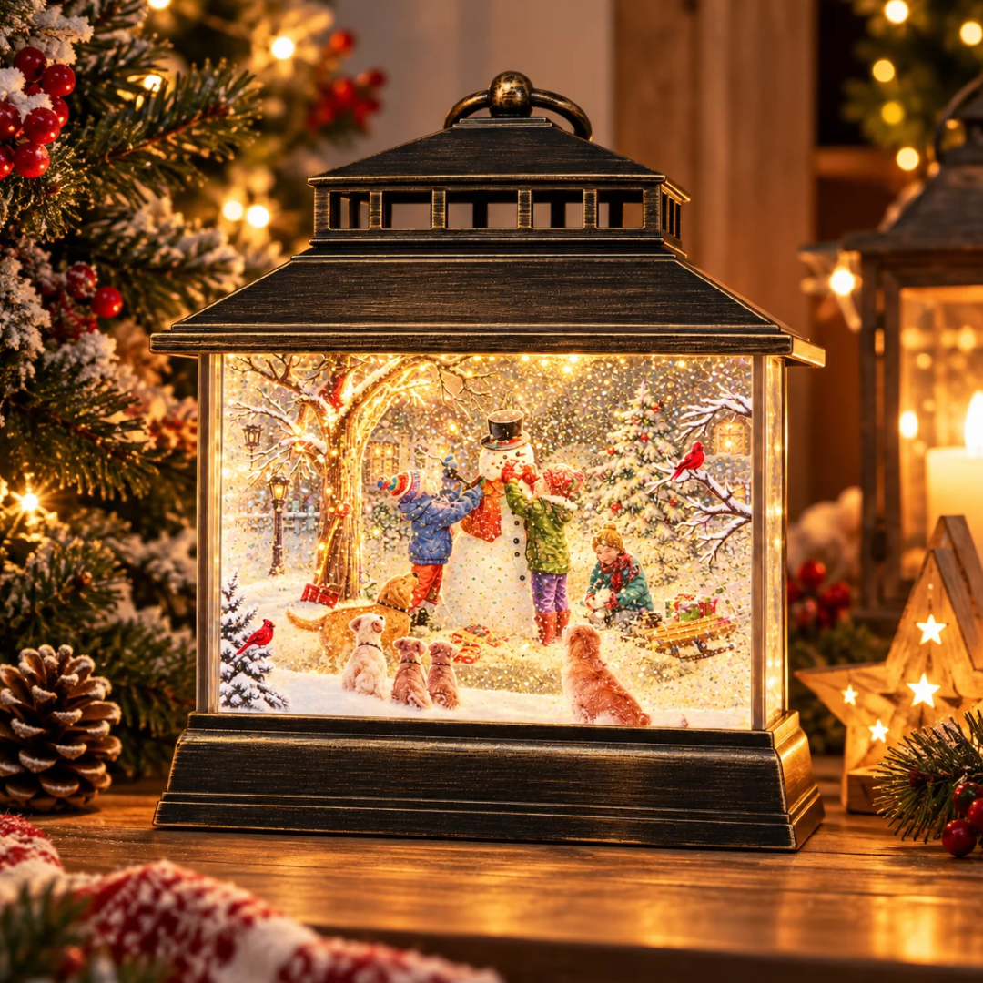 Lanterna glitter LED con pupazzo di neve ambientata tra decorazioni natalizie