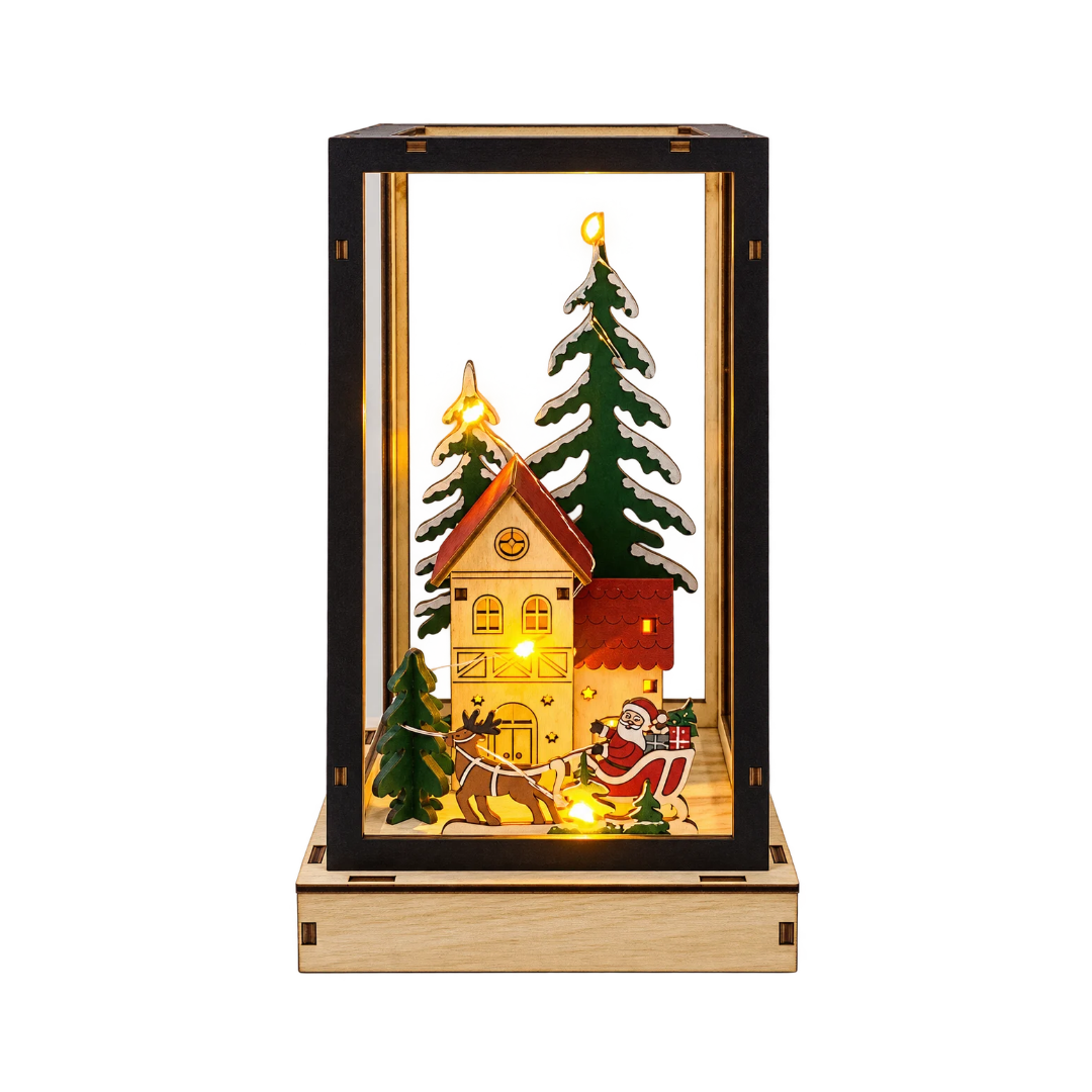 Lanterna natalizia Garden Team in legno con cornice nera, casetta, abeti innevati, Babbo Natale sulla slitta e luci LED calde