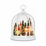 Lanterna natalizia bianca a cupola con villaggio innevato, casette, chiesa, personaggi e abeti illuminati