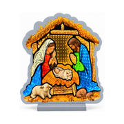 Decorazione luminosa natalizia con Natività, raffigurante Maria e Giuseppe in preghiera accanto a Gesù Bambino nella mangiatoia