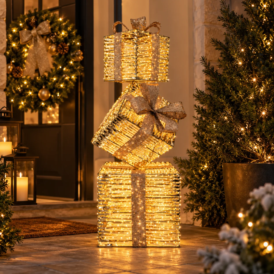Tre pacchi regalo luminosi dorati con micro LED a luce calda ambientati all'esterno per Natale
