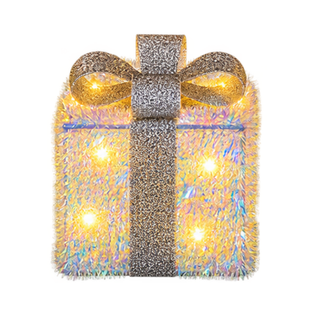 Pacco regalo natalizio luminoso alto 13 cm con finitura iridescente, fiocco argentato e LED bianco caldo