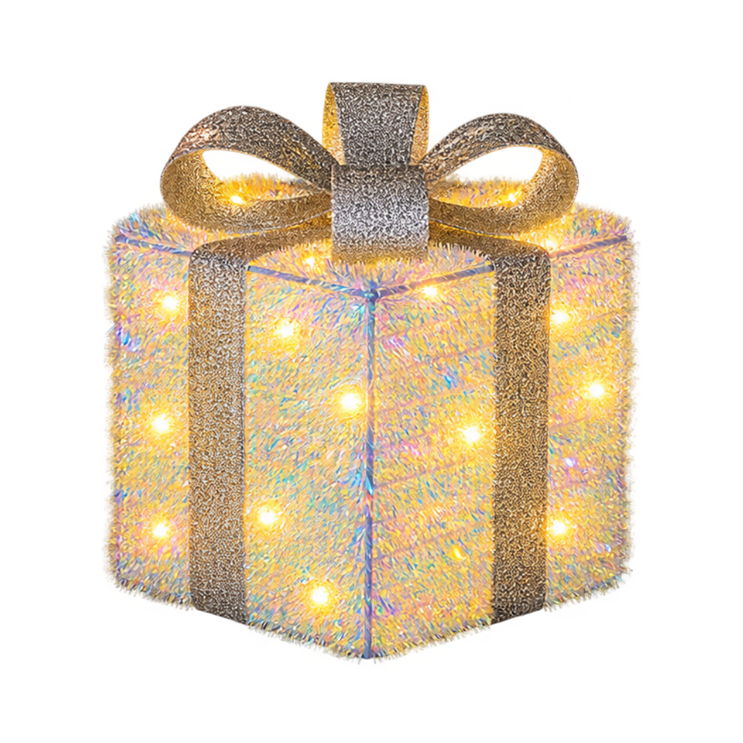 Pacco regalo natalizio luminoso alto 23 cm con rivestimento iridescente, fiocco argentato e LED bianco caldo