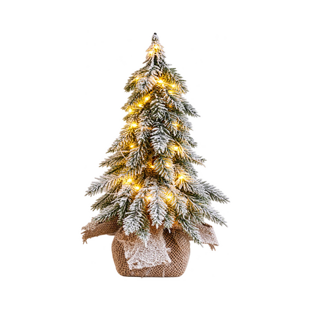 Pinetto di Natale innevato Garden Team con luci LED bianco caldo, rami effetto neve e base rivestita in juta.