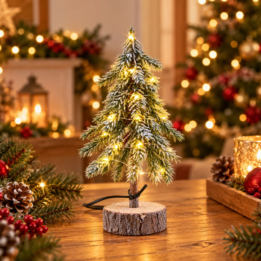 Pinetto natalizio innevato da 30 cm con LED bianco caldo e base in legno, ambientato su un tavolo con decorazioni natalizie.