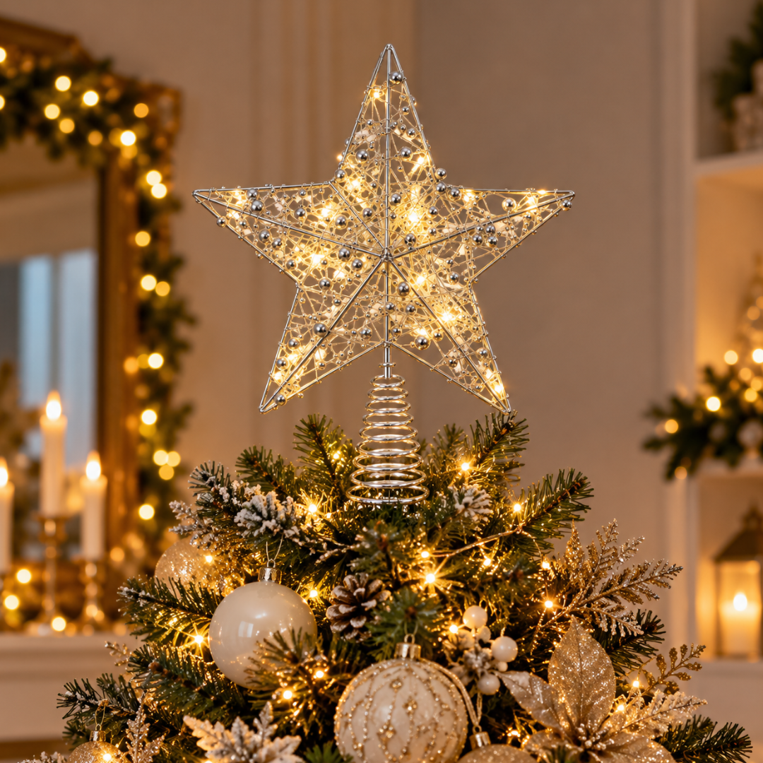 Puntale a stella argento con micro LED a luce calda su albero di Natale decorato