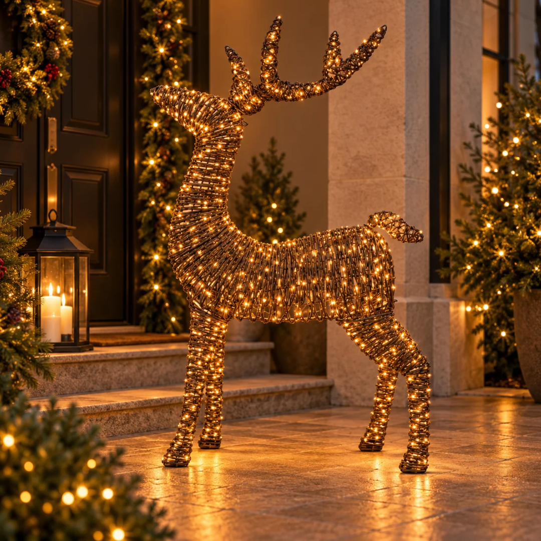 Cervo luminoso marrone H120 cm con micro LED a luce calda ambientato all'esterno