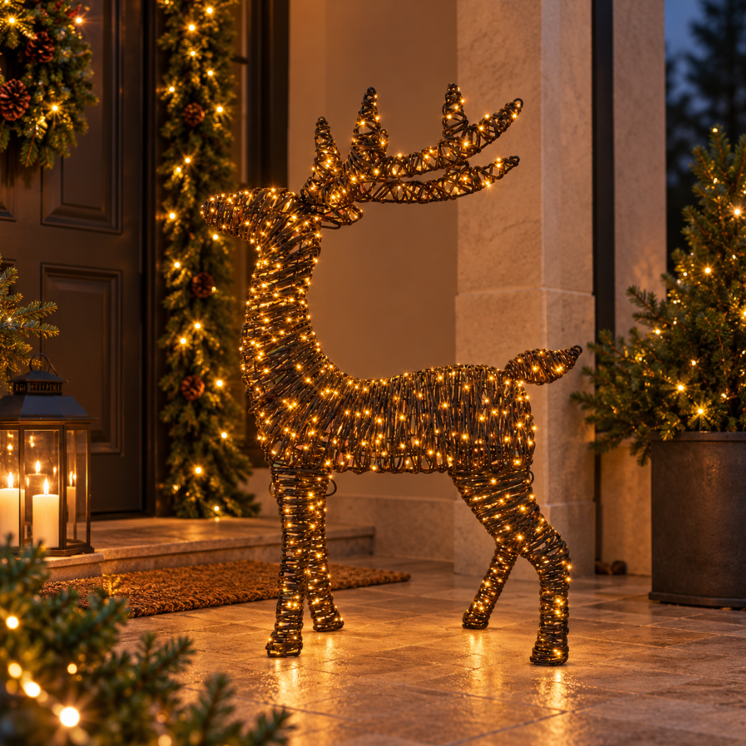 Cervo luminoso marrone H80 cm con micro LED a luce calda ambientato all'esterno