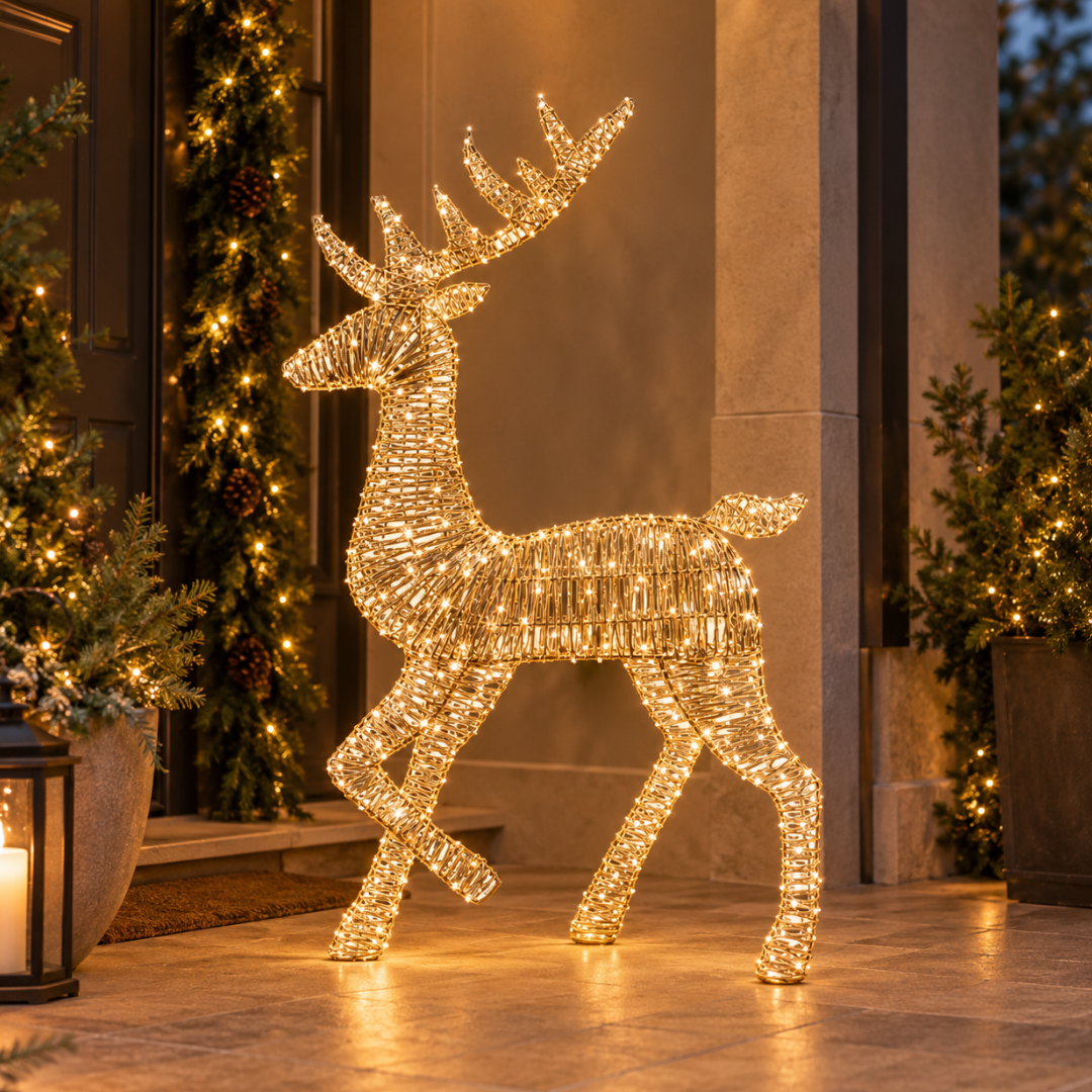 Cervo luminoso oro in fibra con micro LED a luce calda ambientato all'esterno
