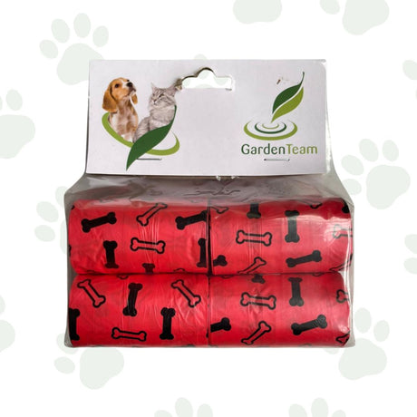 Rotoli di 15 sacchettini igienici di colore rosso con disegni di ossa.