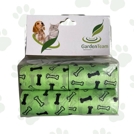 Rotoli di 15 sacchettini igienici di colore verde con disegni di ossa.