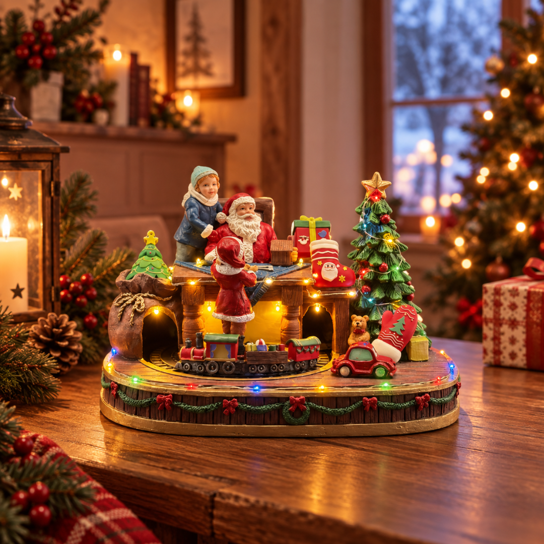 Decorazione natalizia illuminata con Babbo Natale e bambini, albero di Natale, regali, trenino e automobilina, ambientata su un tavolo