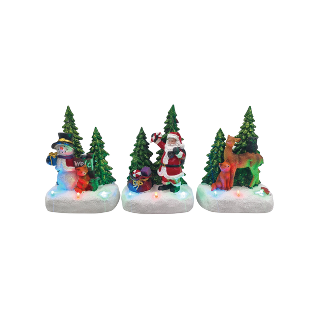 Set di tre decorazioni natalizie illuminate con pupazzo di neve, Babbo Natale, renne e abeti su basi innevate